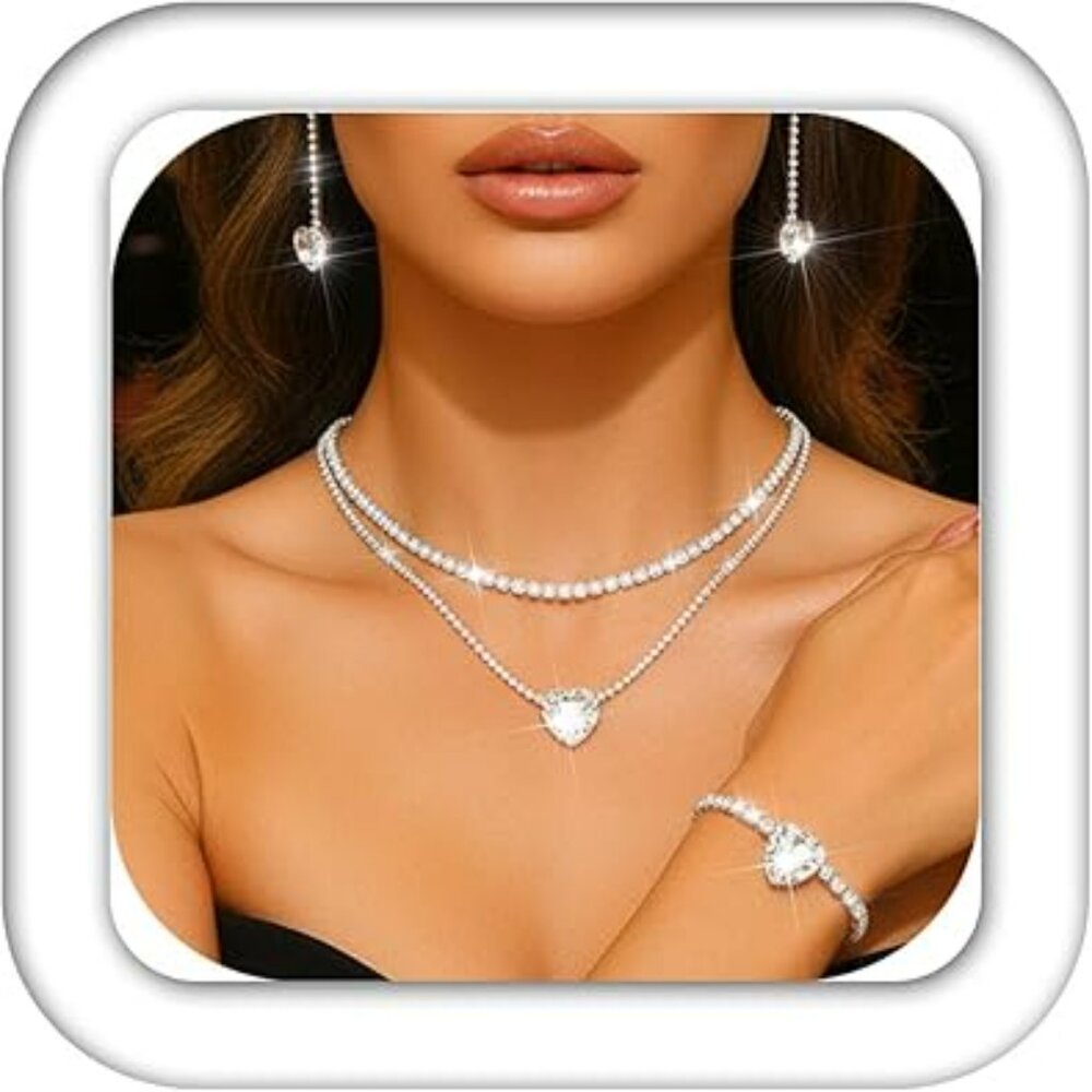 Jewelry Set‎ Silver Rhinestone Heart Necklace Earring Bracelet Costume Fashion